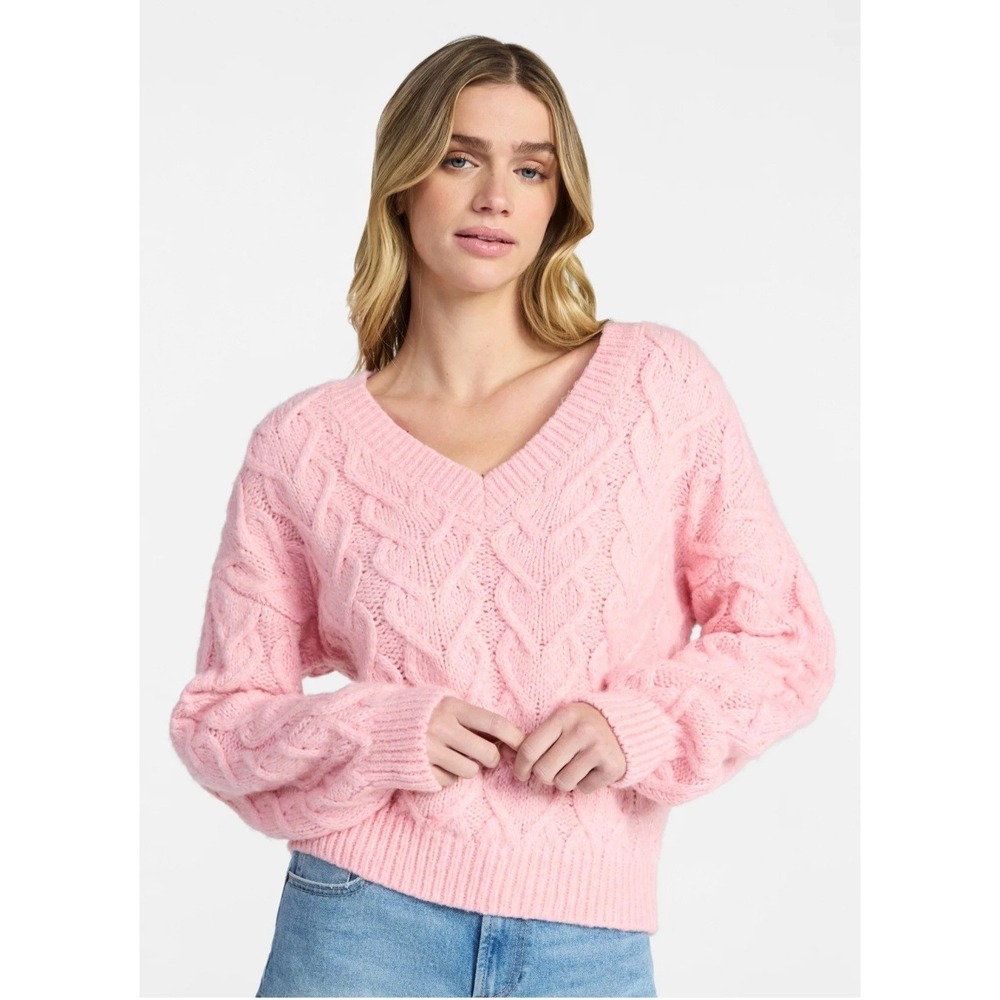 Women's V-Neck Pullover‎ Pink Cable Soft Cozy Knit Sweater Sz L Cottage Barbie